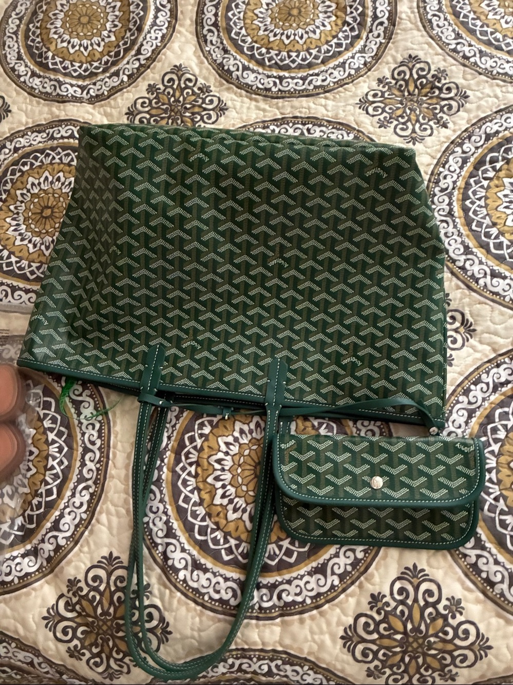 Green Patterned Tote Bag with Pouch - Women Bags plus mini - Picture 5 of 16